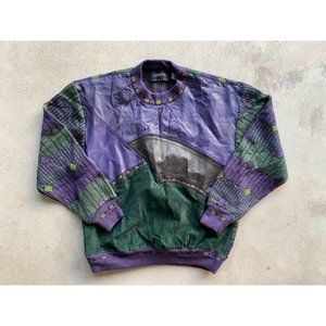 Vintage Saxony Sweater Multicolor Knit Leather Textured Biggie XL VTG